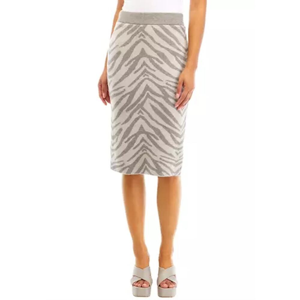 NWT Carmen Marc Valvo Taupe‎ Zebra Knit Sweater Pull On Pencil Skirt  Medium